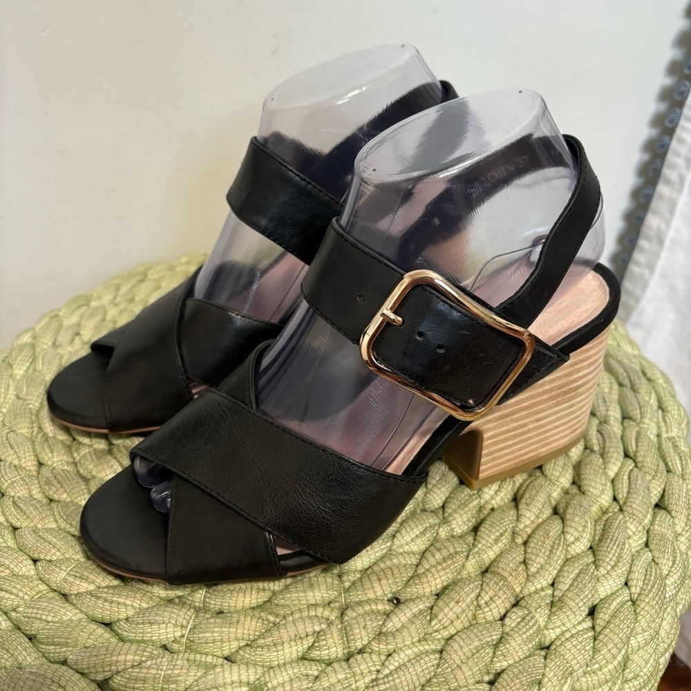 NEW Anthropologie Silent D Silchon Black Leather Crisscross Strap Heeled Sandal - Picture 2 of 11